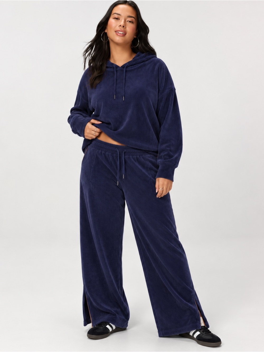 Avia Navy Ribbed Luxe Velour Lounge Set XXXL 22 Hoodie Wide Leg Pants Soft Plush